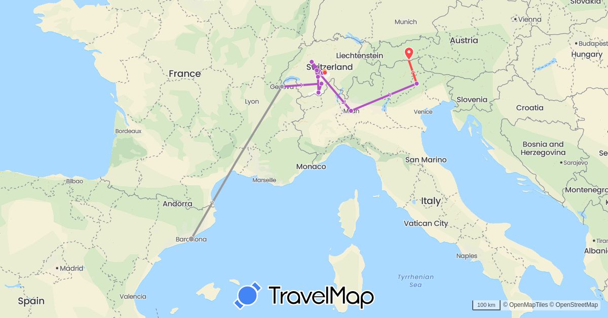 TravelMap itinerary: driving, plane, train, hiking, hitchhiking in Switzerland, Spain, Italy (Europe)